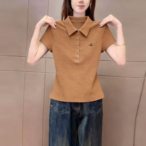 极简风咖色Polo领短袖t恤女气质