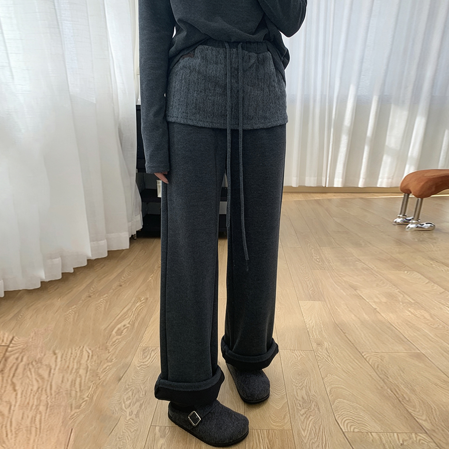 深灰色屁帘设计加绒加厚休闲裤子