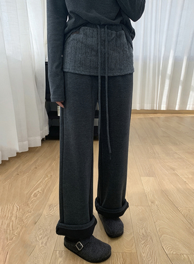 深灰色屁帘拼接设计感加绒加厚休闲裤子女宽松百搭直筒裤秋冬款