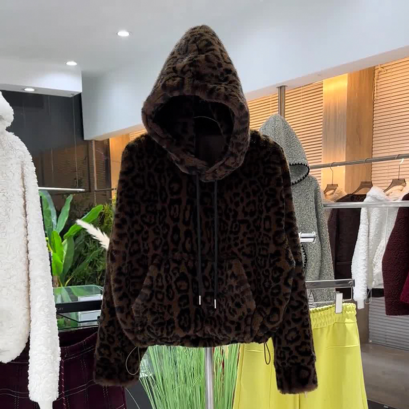 秋冬款豹纹加绒加厚连帽卫衣女装