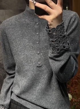 韩版洋气镂空设计感高领打底衫女秋冬新款深灰色休闲气质长袖t恤