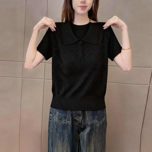 2026夏季极简纯色翻领短袖t恤女