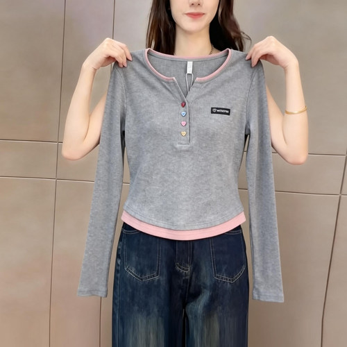 早春季撞色半开襟圆领长袖t恤女