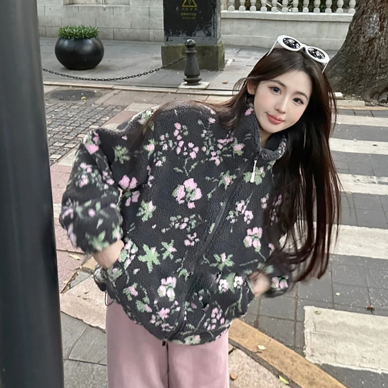 巨好看碎花羊羔毛加绒加厚外套女