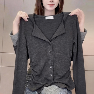 极简风深灰色v领长袖t恤开衫上衣女韩系修身捏褶百搭气质早春新品
