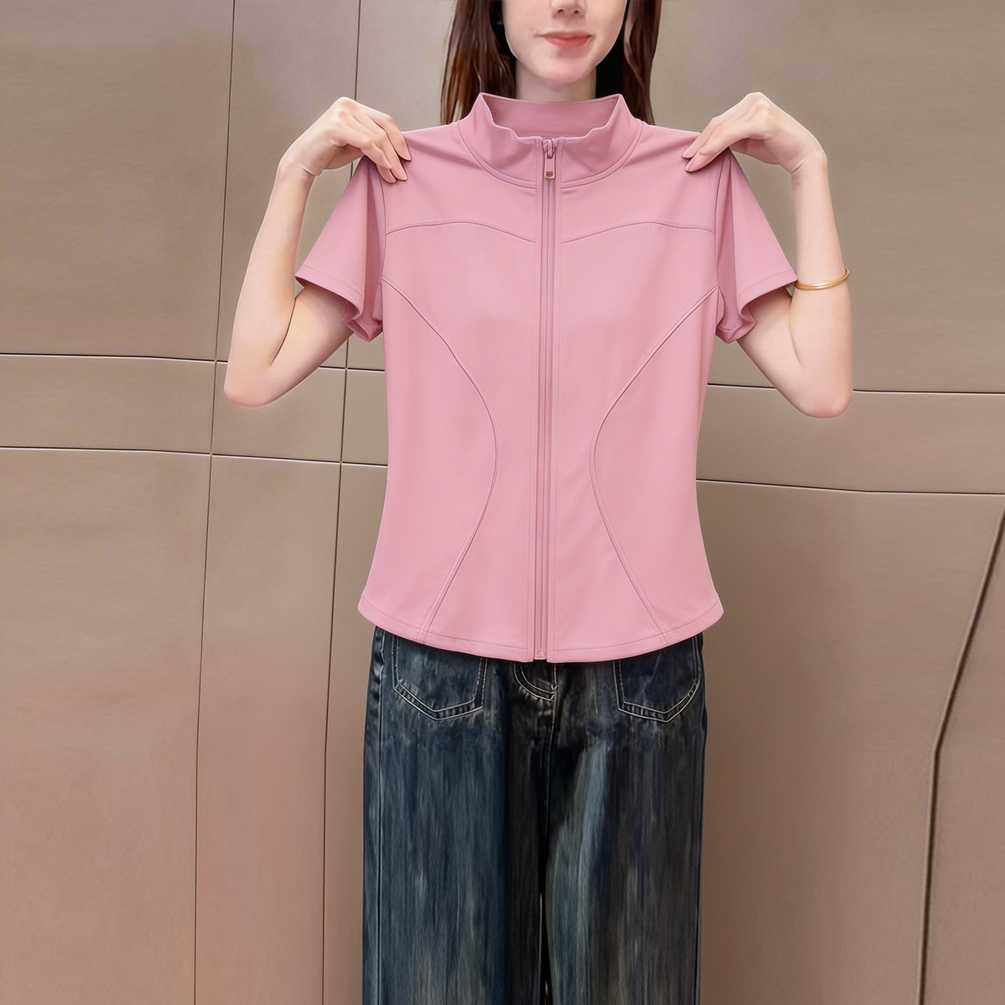休闲运动风透气立领短袖t恤女2026夏季新品粉红色百搭瑜伽服上衣