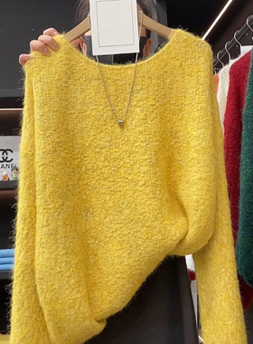 秋冬季新款多巴胺风黄色长袖毛衣女休闲慵懒风宽松显瘦针织衫上衣