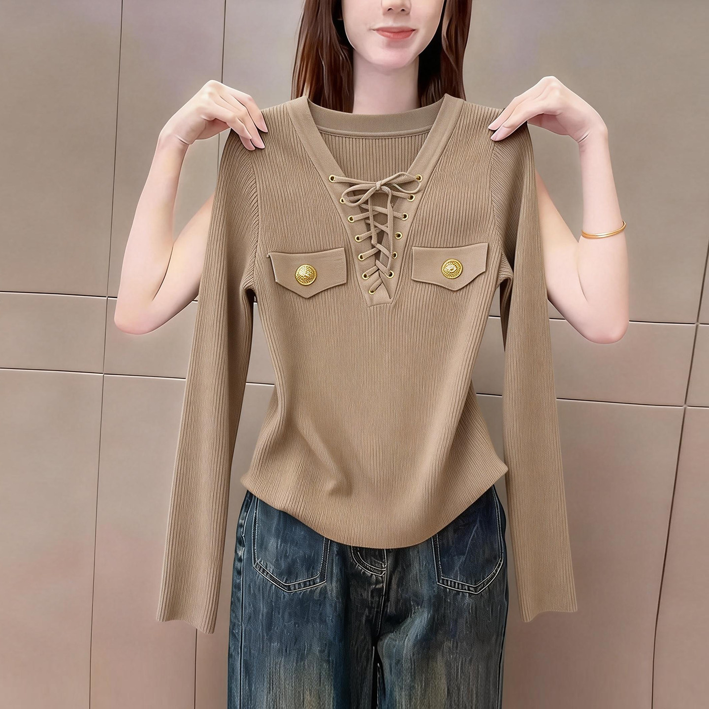 洋气轻奢气质风抽绳v领长袖t恤衫女春季今年新款小众高级百搭上衣,女装/女士精品,大码内搭,淘宝优惠券,粉丝福利购,淘宝优惠卷