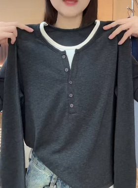 洋气设计感假两件拼色圆领长袖t恤女秋冬季深灰色百搭打底衫上衣