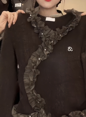 法式高级感木耳边v领长袖t恤小衫女2025秋季新款时尚气质百搭上衣