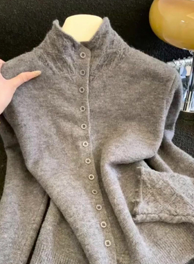 2025秋冬季新品蕾丝拼接设计感高领针织衫女收腰修身显瘦毛衣上衣