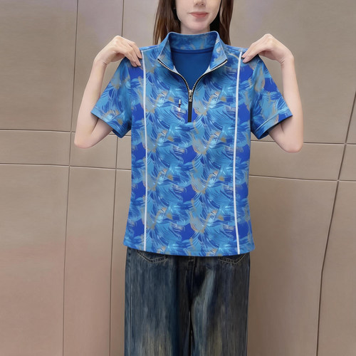 绝美蓝色几何印花短袖t恤上衣女