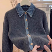 高级休闲宽松小衫 早春季 上衣 牛仔拼接翻领针织开衫 女韩式 新款 时尚