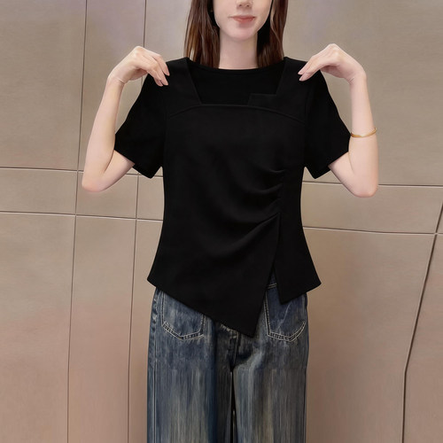 夏季新品简约黑色短袖t恤女高级
