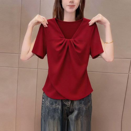 2026夏季复古优雅v领扭结短袖女