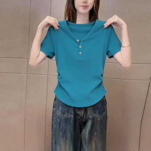 极简风v领短袖t恤女装绝美蓝色潮