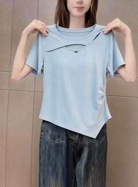 简约轻熟镂空斜领短袖t恤女夏季