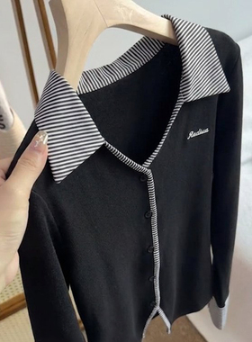 时尚拼接条纹Polo领长袖t恤女秋冬新款巨好看正肩内搭打底衫上衣