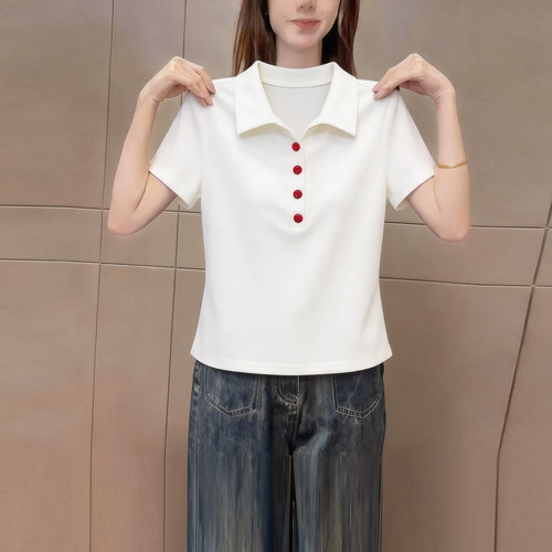 简约纯色通勤白色翻领短袖t恤女