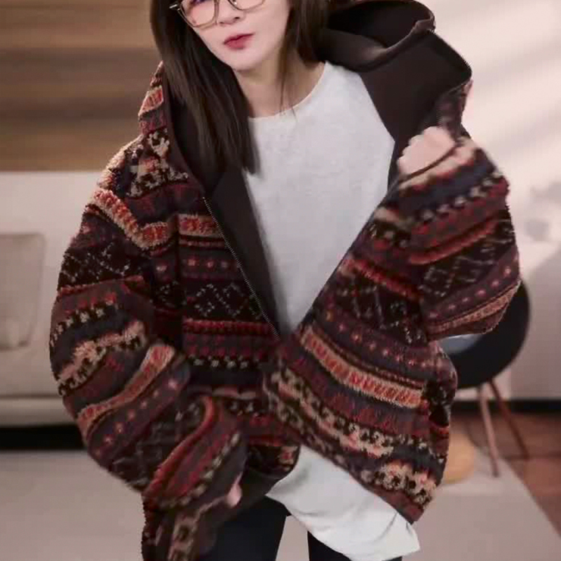 欧货高端撞色条纹连帽羊羔毛外套