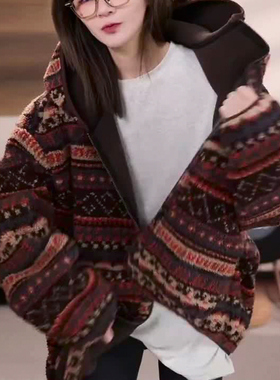 欧货高端撞色条纹连帽羊羔毛外套女秋冬款加绒加厚摇粒绒保暖棉服