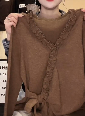 轻熟风设计感荷叶边长袖t恤衫上衣女秋冬季新款内搭休闲风优雅风