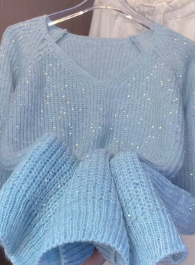 温柔慵懒风亮片v领针织衫女超好看秋冬季新款宽松设计感毛衣上衣
