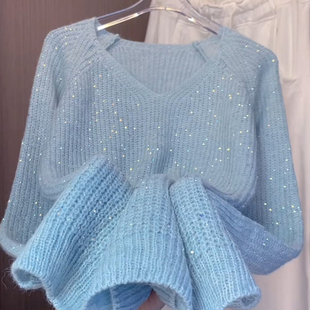 温柔慵懒风亮片v领针织衫女超好看秋冬季新款宽松设计感毛衣上衣