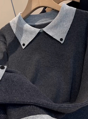 韩系撞色翻领长袖针织衫女2025秋冬季新品宽松内搭假两件休闲毛衣