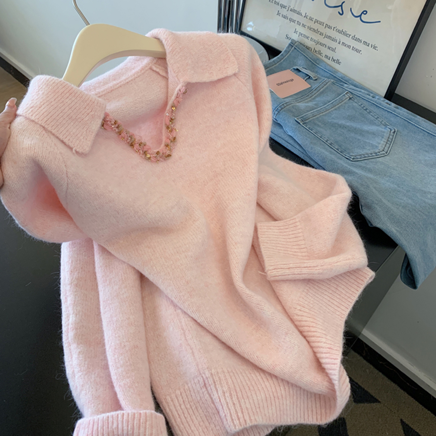 粉色减龄Polo领针织衫毛衣女气质