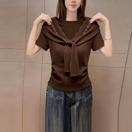 高级感时尚假两件飘带短袖t恤女
