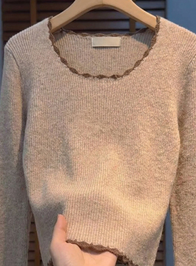 小众设计感花边拼接低圆领长袖毛衣女2025秋冬新款高级感优雅小衫