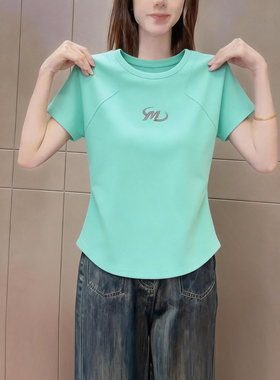 韩式休闲风绿色圆领短袖t恤女夏季新款时尚字母印花显瘦百搭上衣