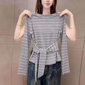 韩式 系带设计显瘦复古上衣潮 t恤女2026早春新品 时尚 条纹圆领长袖