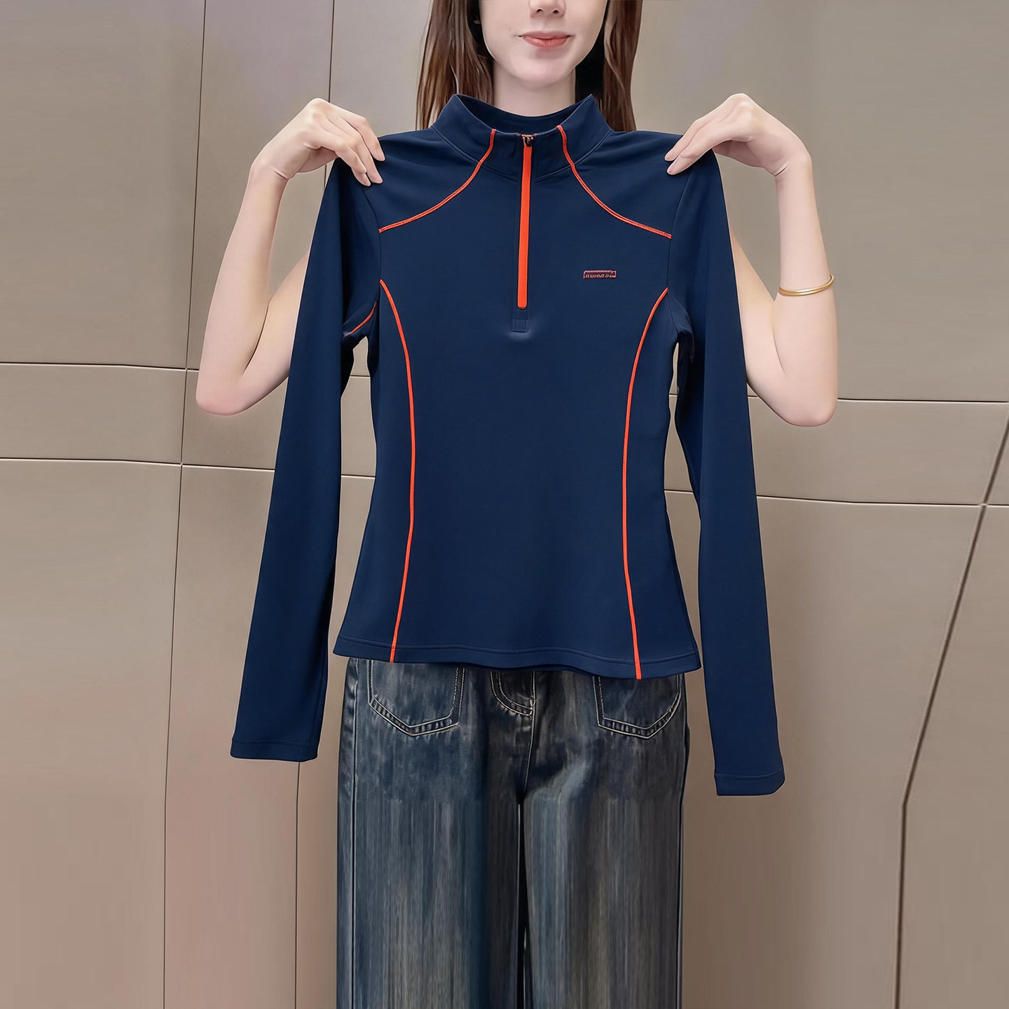 简约运动风半拉链长袖t恤女秋季深蓝色撞色设计感显瘦减龄上衣潮