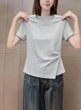 极简风灰色圆领正肩短袖t恤女夏季新品纯色收腰显瘦百搭小众上衣