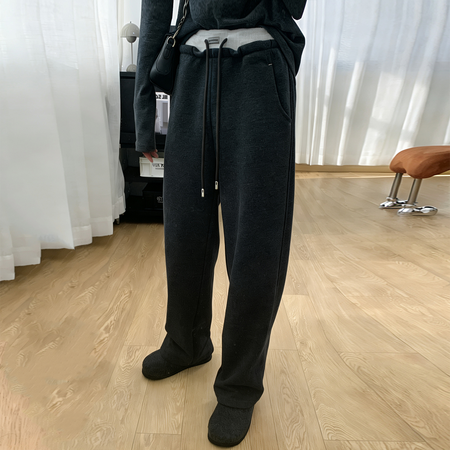 黑色高级拼接撞色腰封抽绳休闲裤