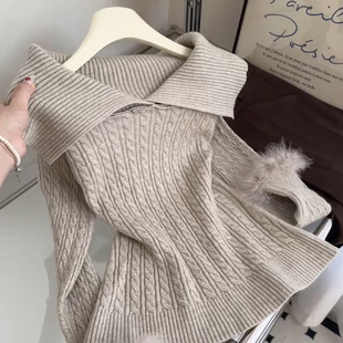 时髦小姨风大翻领针织衫女装秋冬季新品毛毛袖气质减龄打底衫上衣
