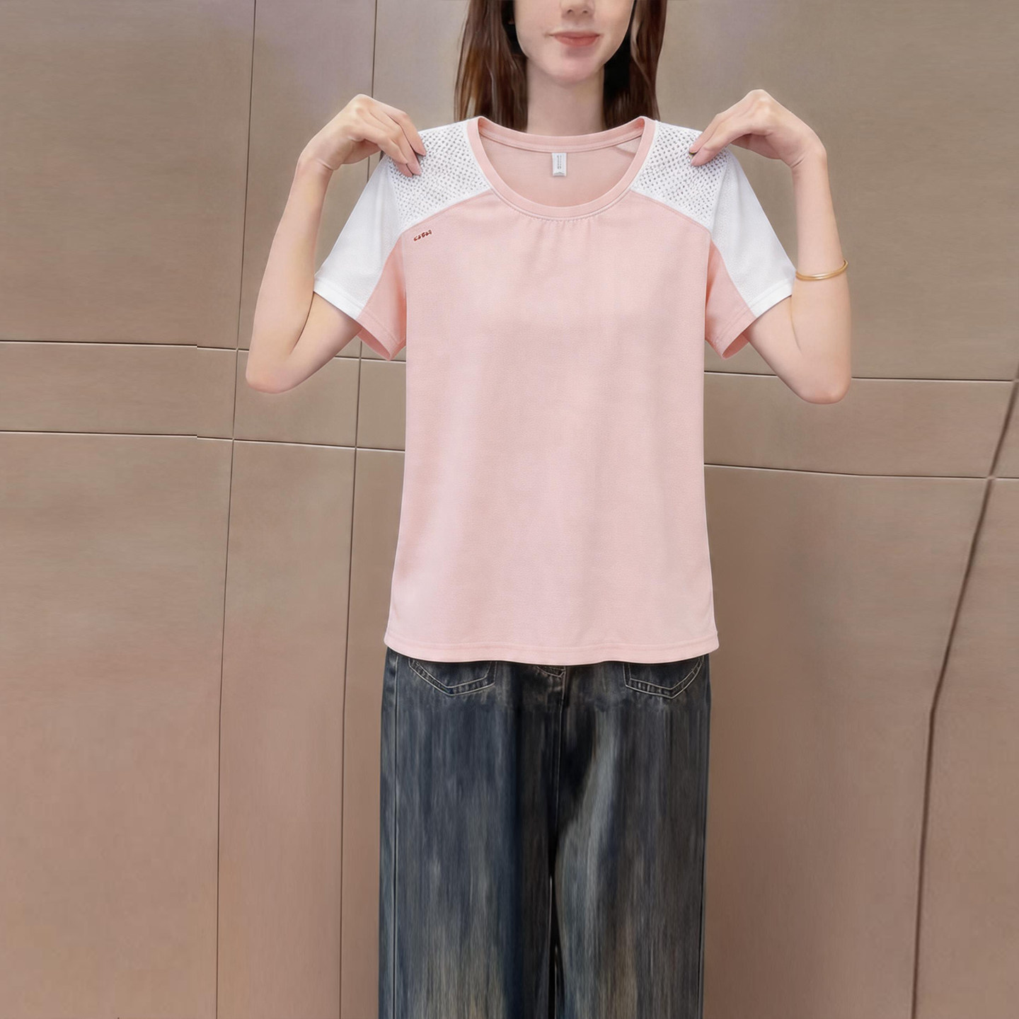 夏季新款简约运动风透气圆领短袖t恤女装时尚百搭拼色插肩袖上衣