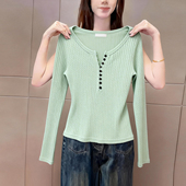 时尚 早春季 百搭休闲纯色上衣 t恤女装 韩式 新品 绿色极简风圆领长袖