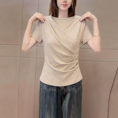 夏季简约轻熟优雅风v领短袖t恤女