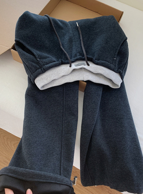 深灰色加绒加厚休闲运动卫裤女秋冬新品宽松百搭显瘦阔腿裤长裤子