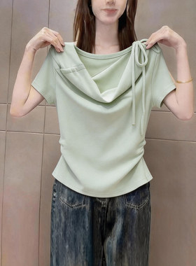 轻熟风绿色荡领抽绳短袖t恤女装
