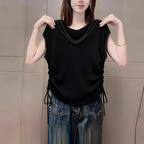 高级黑色v领钉珠装饰飞飞袖t恤女