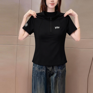 2026夏季新品时尚半拉链立领短袖t恤女黑色高级显瘦百搭气质上衣