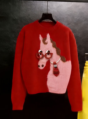 秋冬26新年马年本命年小马提花毛衣女红色百搭内搭针织衫衣服