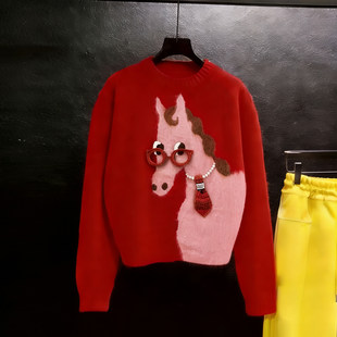 秋冬26新年马年本命年小马提花毛衣女红色百搭内搭针织衫 衣服