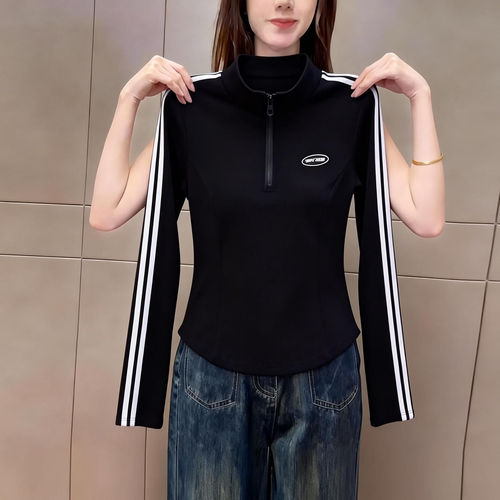 撞色线条运动风立领长袖t恤女