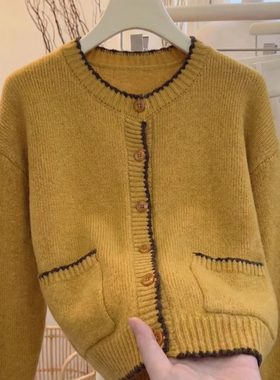 休闲时尚撞色滚边圆领针织开衫女秋冬新品高级感毛衣外套百搭上衣