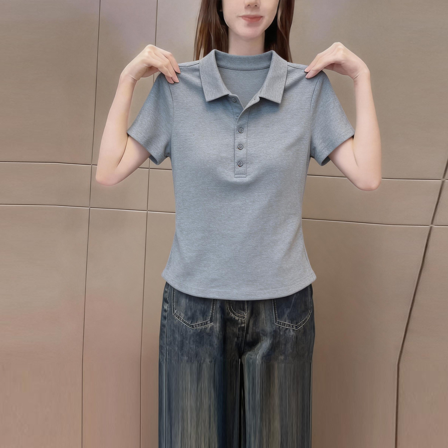 2026夏季新款灰色翻领短袖t恤女通勤百搭休闲Polo领正肩气质上衣